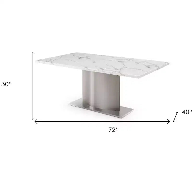 Table à manger sur pied 72" en marbre gris, blanc et argenté et acier inoxydable