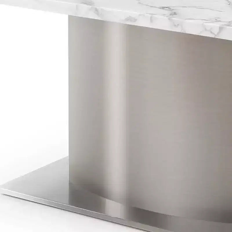 Table à manger sur pied 72" en marbre gris, blanc et argenté et acier inoxydable