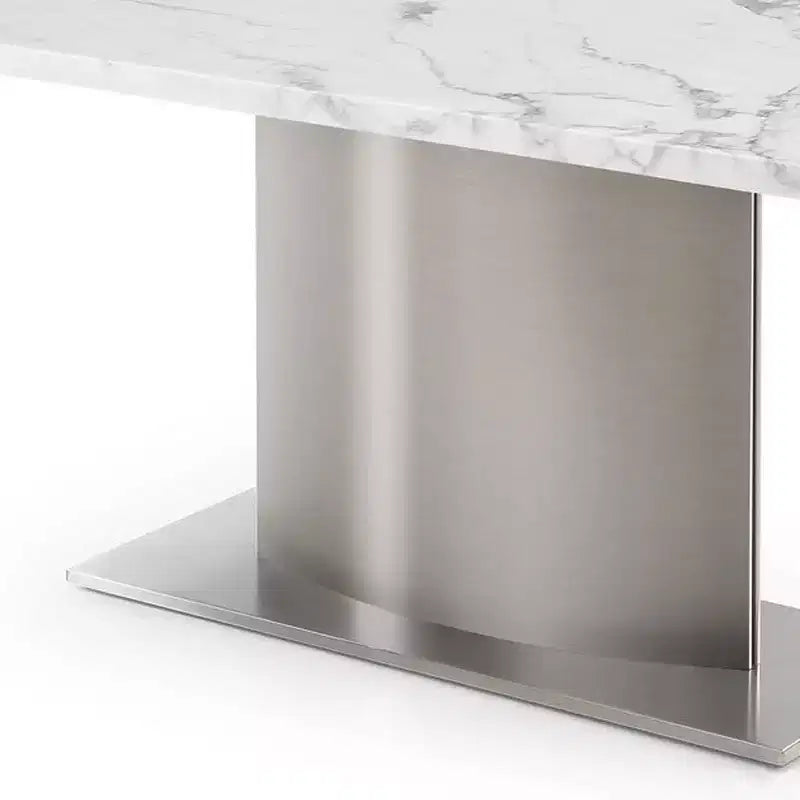 Table à manger sur pied 72" en marbre gris, blanc et argenté et acier inoxydable