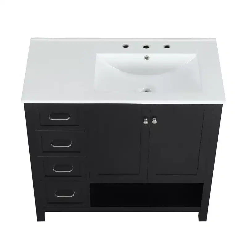 Meuble-lavabo de salle de bain de 36 po avec dessus d'évier, 2 portes, 2 tiroirs, étagère ouverte en bois massif, noir