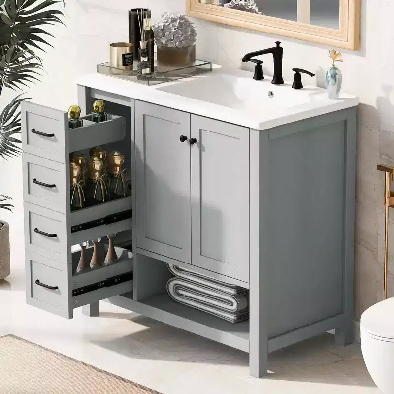 Meuble-lavabo de salle de bain de 36 po avec dessus d'évier, 2 portes, 2 tiroirs, étagère ouverte en bois massif, noir