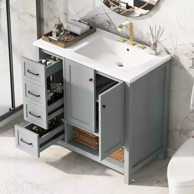 Meuble-lavabo de salle de bain de 36 po avec dessus d'évier, 2 portes, 2 tiroirs, étagère ouverte en bois massif, noir