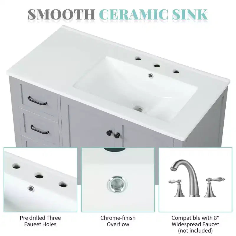 Meuble-lavabo de salle de bain de 36 po avec dessus d'évier, 2 portes, 2 tiroirs, étagère ouverte en bois massif, noir