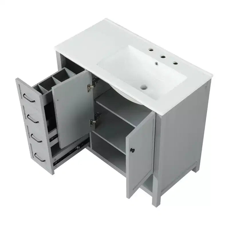Meuble-lavabo de salle de bain de 36 po avec dessus d'évier, 2 portes, 2 tiroirs, étagère ouverte en bois massif, noir