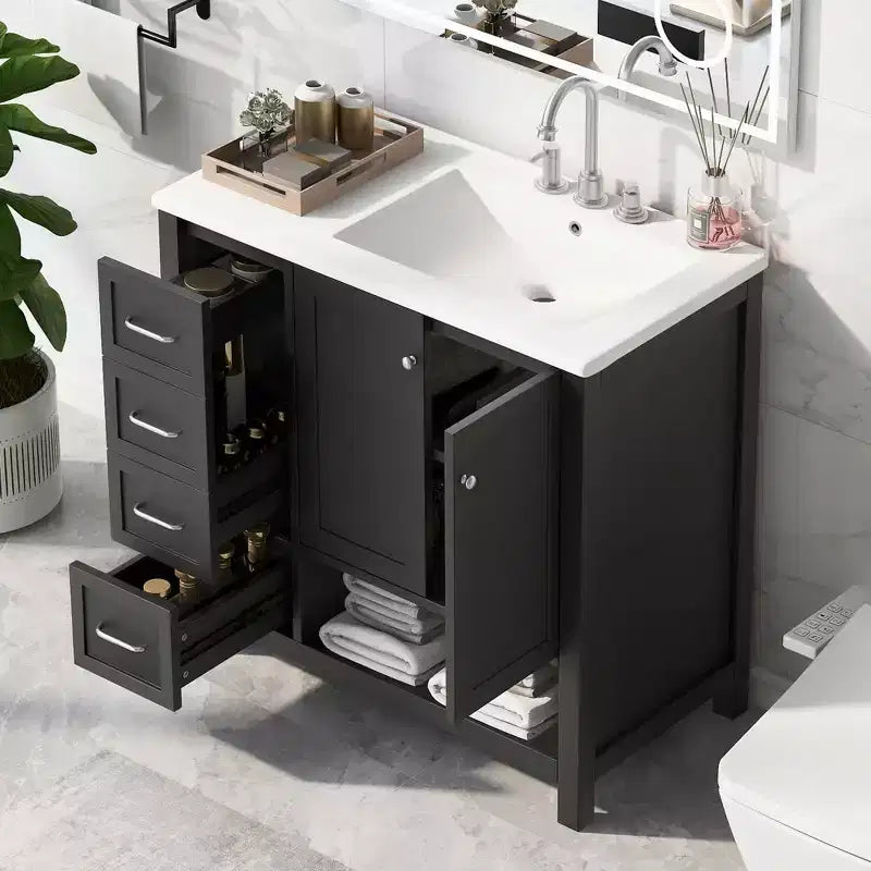 Meuble-lavabo de salle de bain de 36 po avec dessus d'évier, 2 portes, 2 tiroirs, étagère ouverte en bois massif, noir
