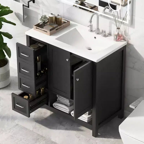 Meuble-lavabo de salle de bain de 36 po avec dessus d'évier, 2 portes, 2 tiroirs, étagère ouverte en bois massif, noir