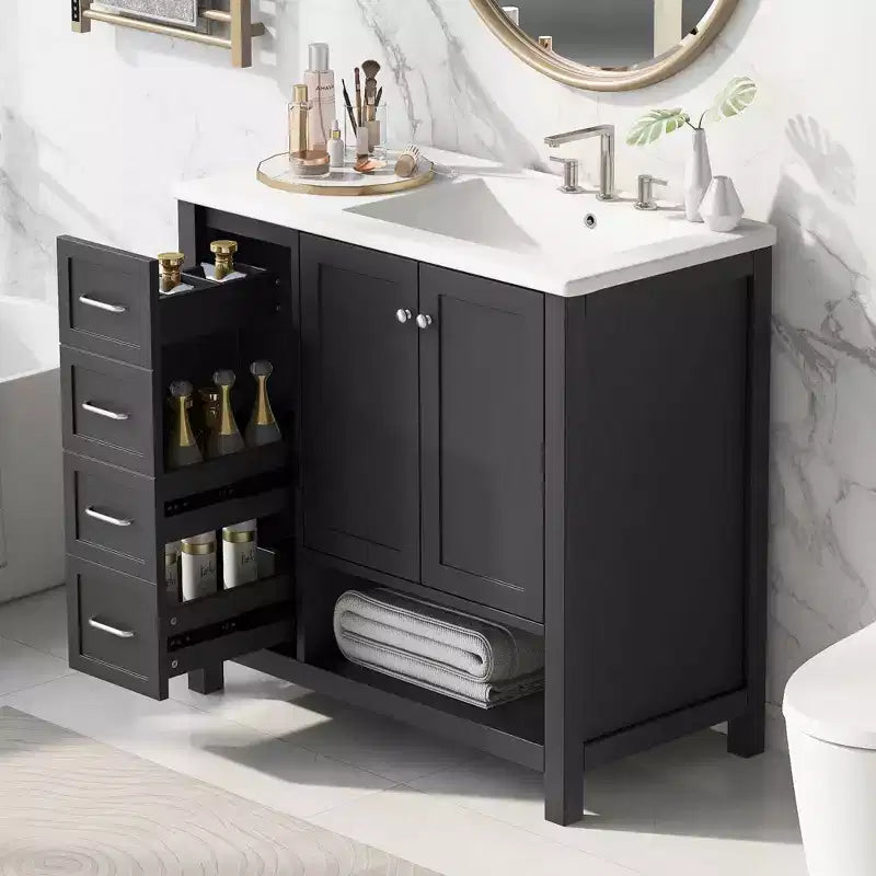 Meuble-lavabo de salle de bain de 36 po avec dessus d'évier, 2 portes, 2 tiroirs, étagère ouverte en bois massif, noir