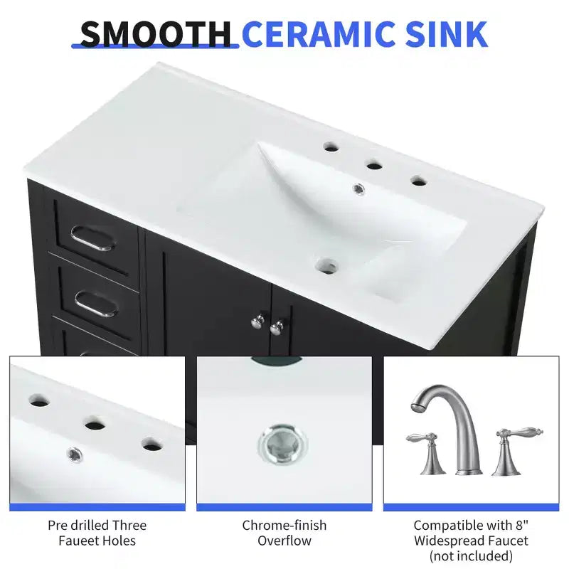 Meuble-lavabo de salle de bain de 36 po avec dessus d'évier, 2 portes, 2 tiroirs, étagère ouverte en bois massif, noir