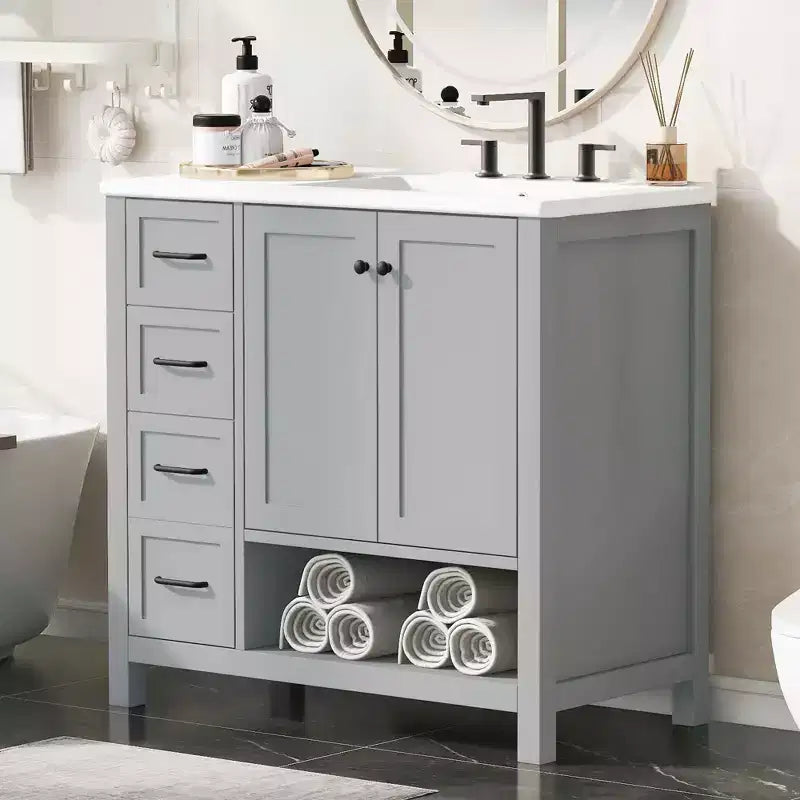 Meuble-lavabo de salle de bain de 36 po avec dessus d'évier, 2 portes, 2 tiroirs, étagère ouverte en bois massif, noir