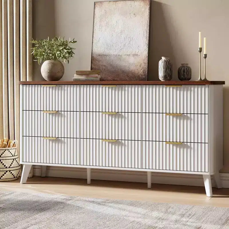 Commode cannelée pour chambre à coucher avec 9 tiroirs profonds, commode moderne de 154 cm de large