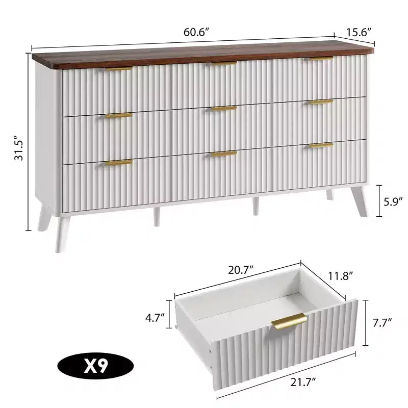 Commode cannelée pour chambre à coucher avec 9 tiroirs profonds, commode moderne de 154 cm de large