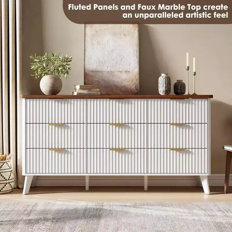 Commode cannelée pour chambre à coucher avec 9 tiroirs profonds, commode moderne de 154 cm de large