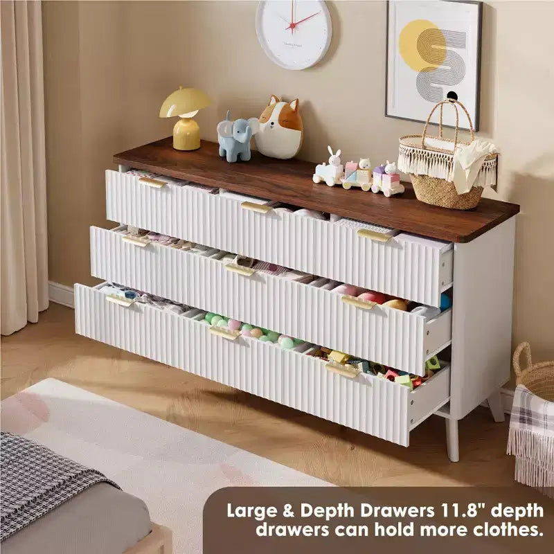 Commode cannelée pour chambre à coucher avec 9 tiroirs profonds, commode moderne de 154 cm de large