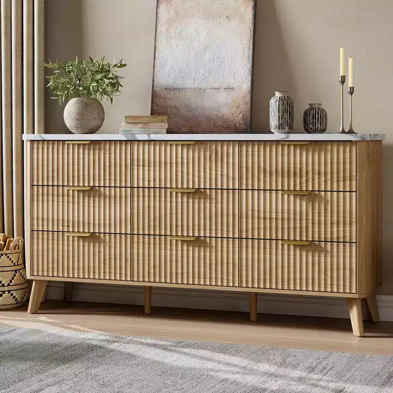 Commode cannelée pour chambre à coucher avec 9 tiroirs profonds, commode moderne de 154 cm de large