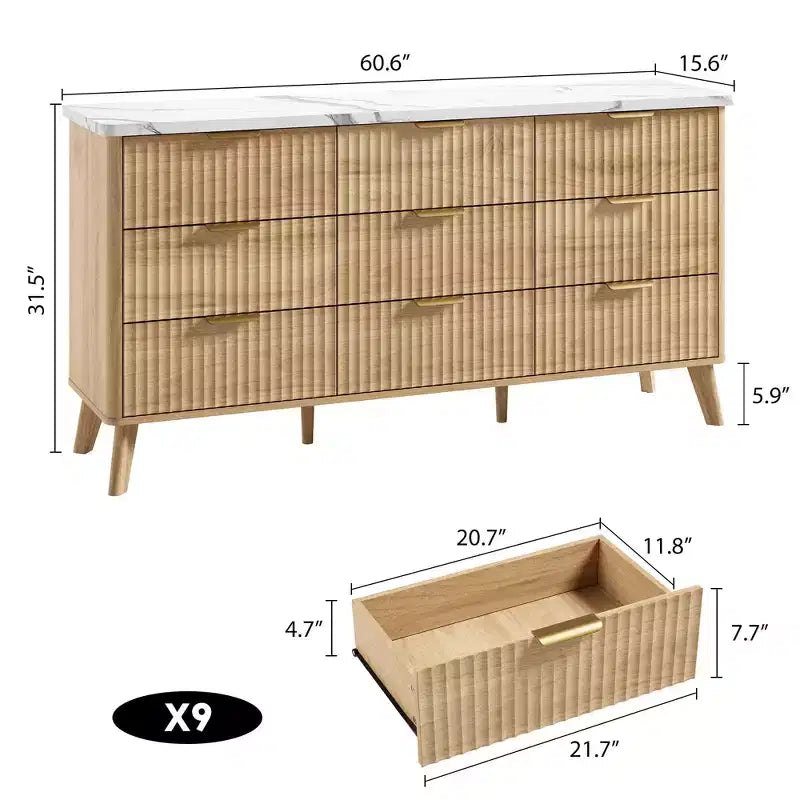 Commode cannelée pour chambre à coucher avec 9 tiroirs profonds, commode moderne de 154 cm de large