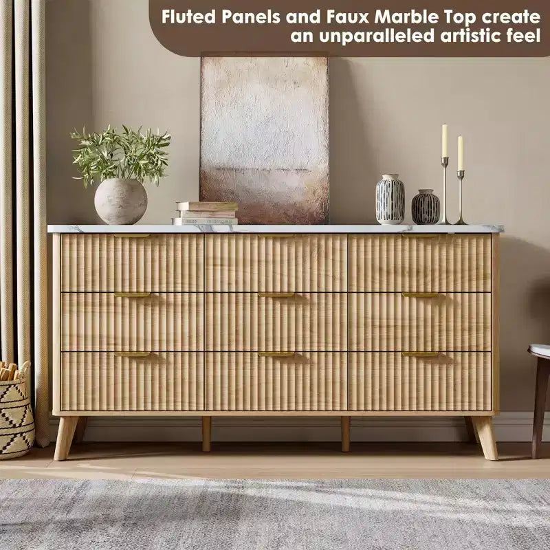 Commode cannelée pour chambre à coucher avec 9 tiroirs profonds, commode moderne de 154 cm de large