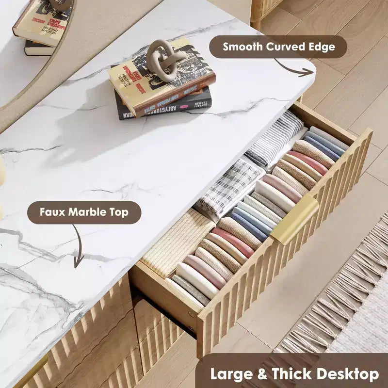 Commode cannelée pour chambre à coucher avec 9 tiroirs profonds, commode moderne de 154 cm de large