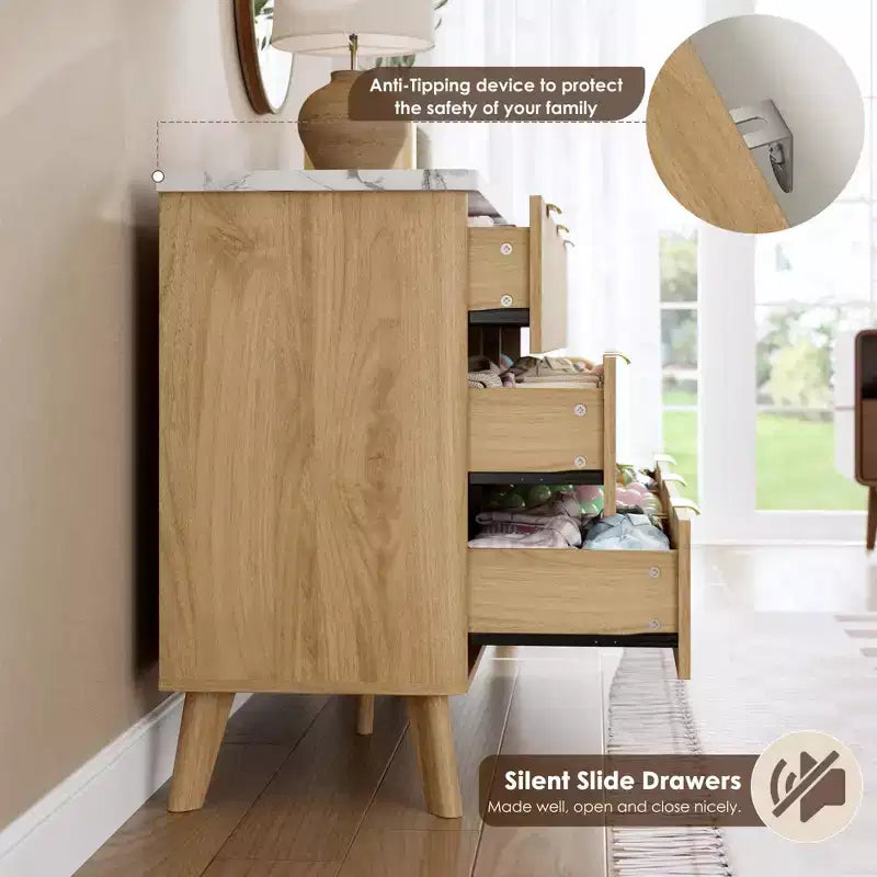 Commode cannelée pour chambre à coucher avec 9 tiroirs profonds, commode moderne de 154 cm de large