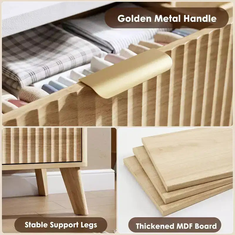 Commode cannelée pour chambre à coucher avec 9 tiroirs profonds, commode moderne de 154 cm de large