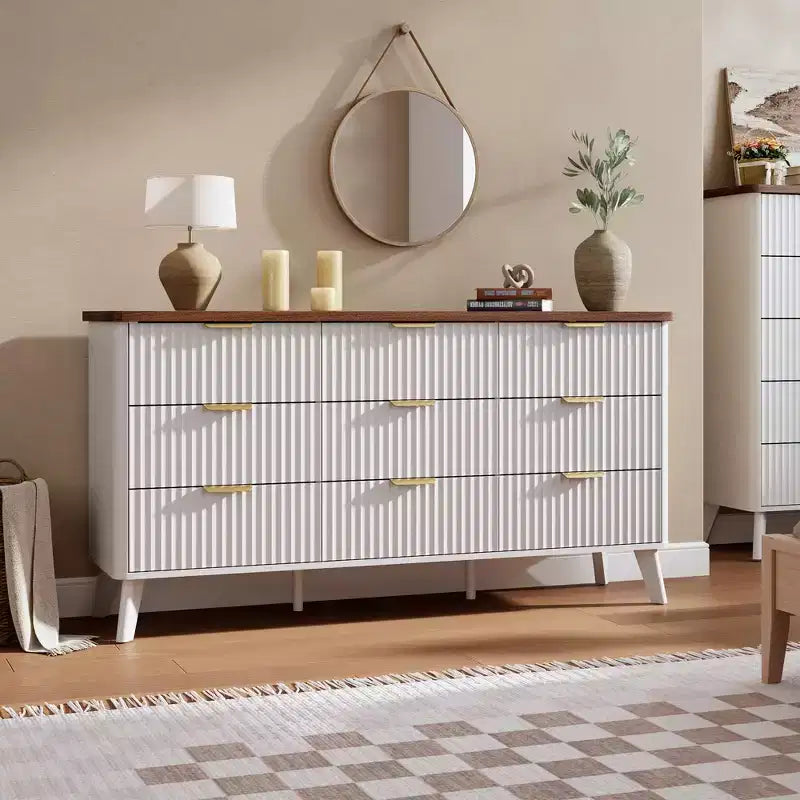 Commode cannelée pour chambre à coucher avec 9 tiroirs profonds, commode moderne de 154 cm de large