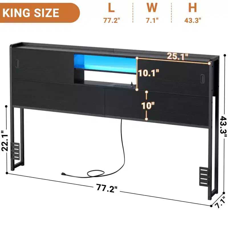 Tête de lit de rangement avec portes coulissantes et station de recharge