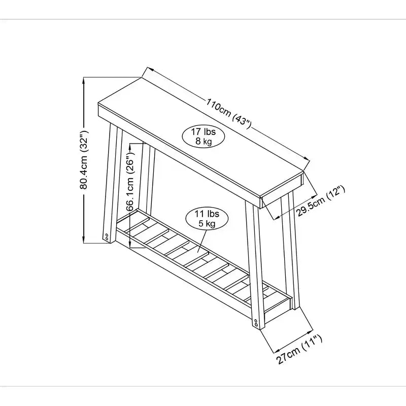 Console en bois avec étagère inférieure 43 L x 12 P x 32 H