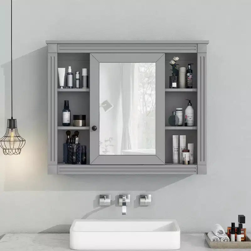 Armoire de toilette murale de 72,9 cm avec rangement dissimulé, 6 étagères ouvertes, gris