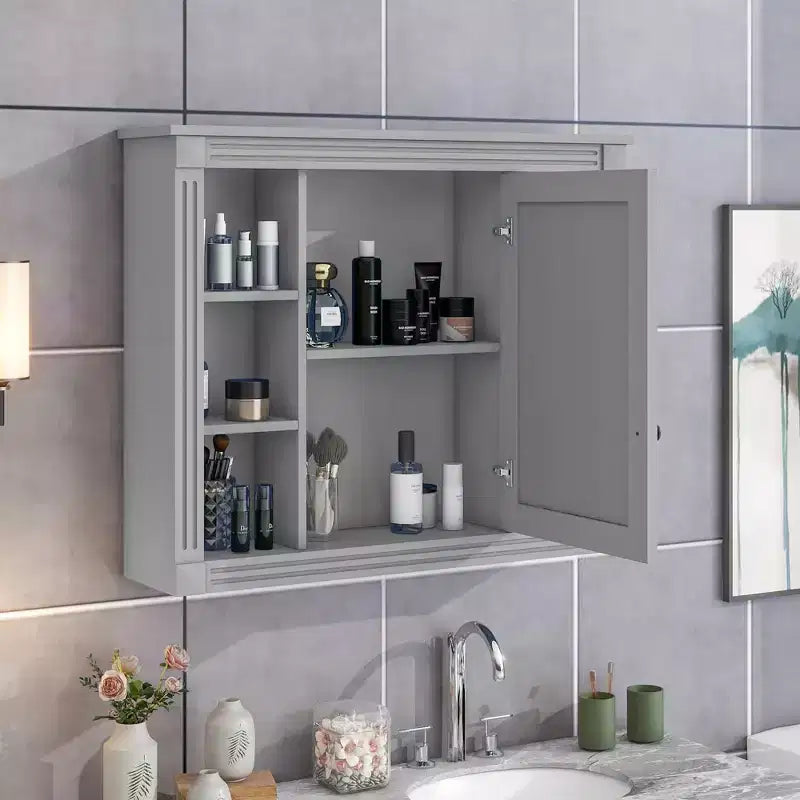 Armoire de toilette murale de 72,9 cm avec rangement dissimulé, 6 étagères ouvertes, gris