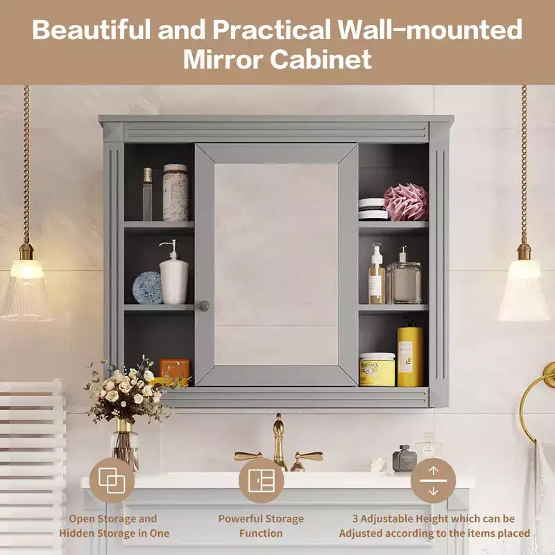 Armoire de toilette murale de 72,9 cm avec rangement dissimulé, 6 étagères ouvertes, gris