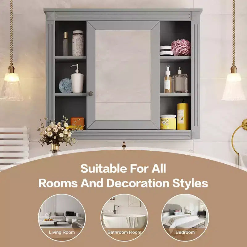 Armoire de toilette murale de 72,9 cm avec rangement dissimulé, 6 étagères ouvertes, gris