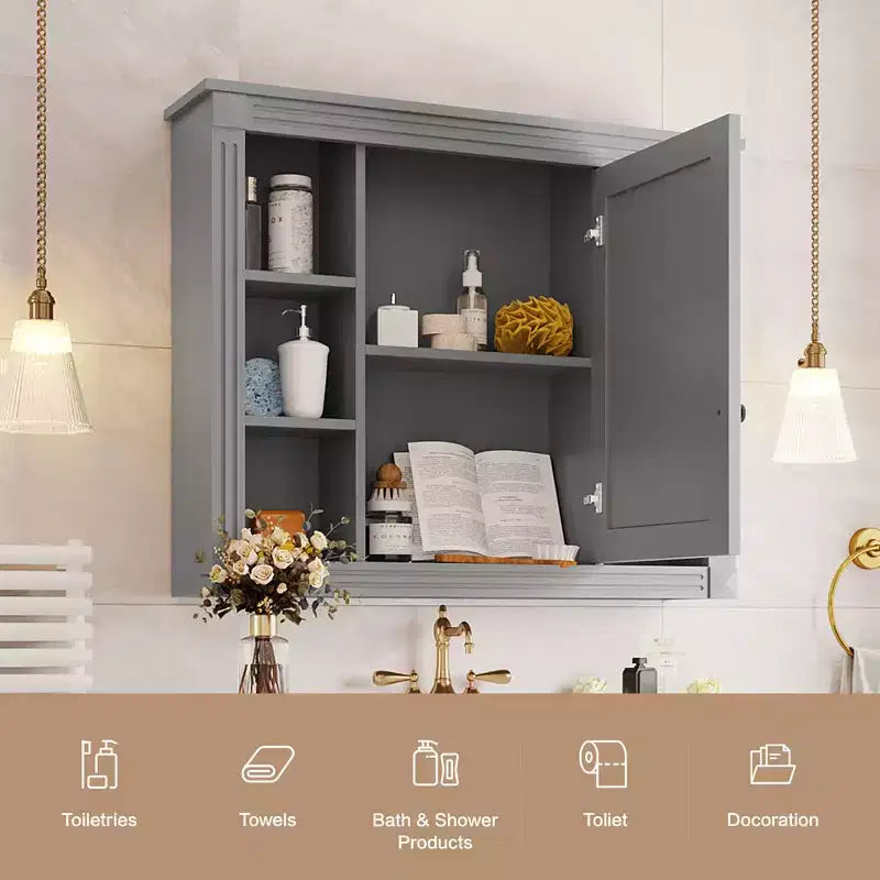 Armoire de toilette murale de 72,9 cm avec rangement dissimulé, 6 étagères ouvertes, gris