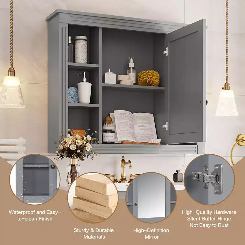 Armoire de toilette murale de 72,9 cm avec rangement dissimulé, 6 étagères ouvertes, gris