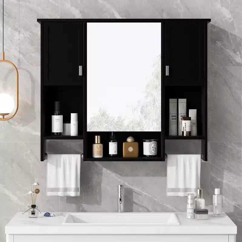 Meuble haut de salle de bain mural de 72,9 cm avec rangement dissimulé, 6 étagères ouvertes, Noir