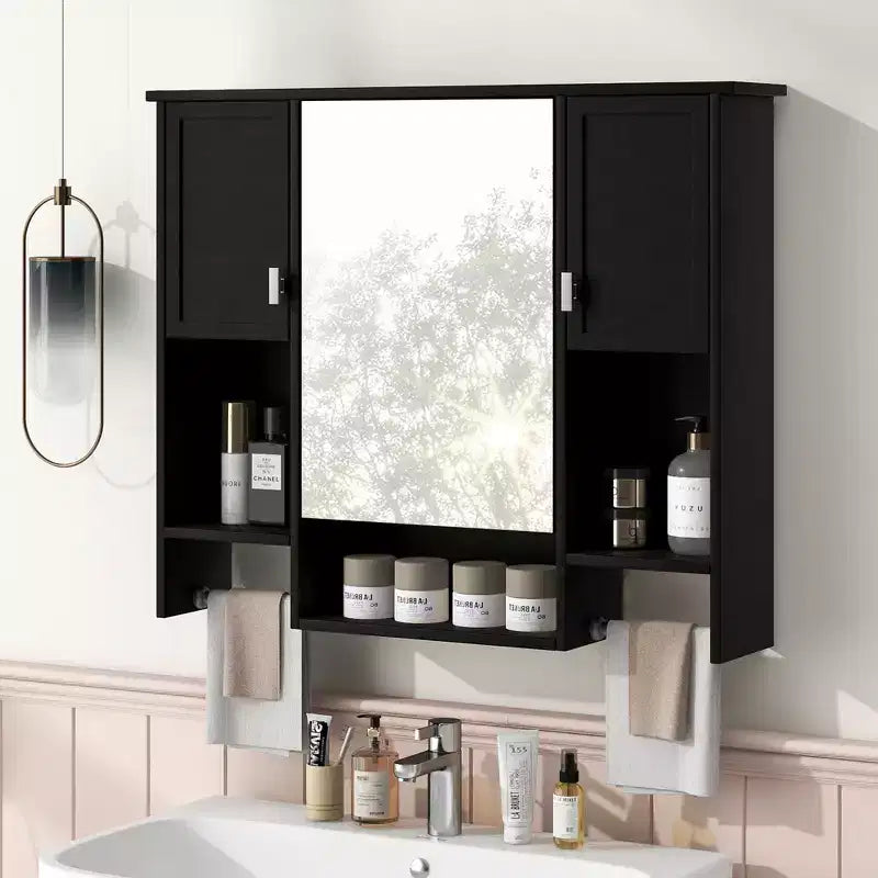 Meuble haut de salle de bain mural de 72,9 cm avec rangement dissimulé, 6 étagères ouvertes, Noir