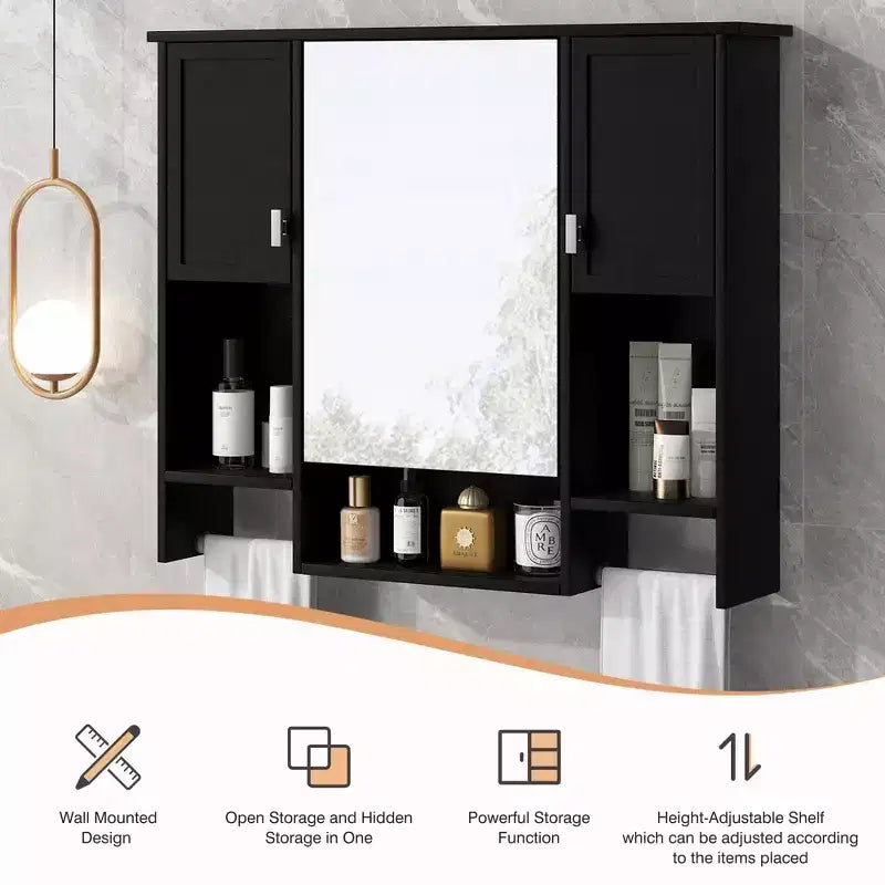 Meuble haut de salle de bain mural de 72,9 cm avec rangement dissimulé, 6 étagères ouvertes, Noir