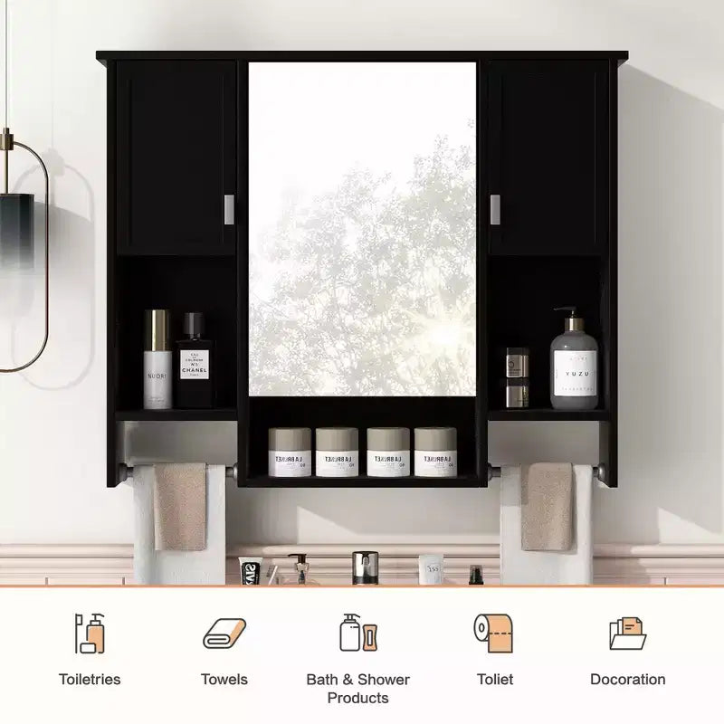 Meuble haut de salle de bain mural de 72,9 cm avec rangement dissimulé, 6 étagères ouvertes, Noir