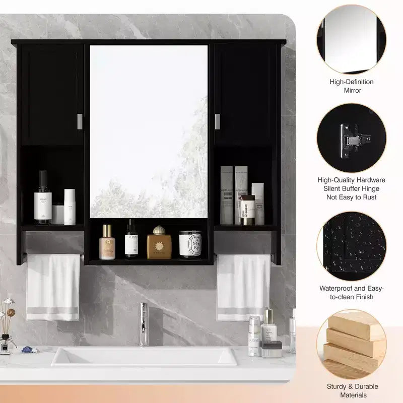 Meuble haut de salle de bain mural de 72,9 cm avec rangement dissimulé, 6 étagères ouvertes, Noir