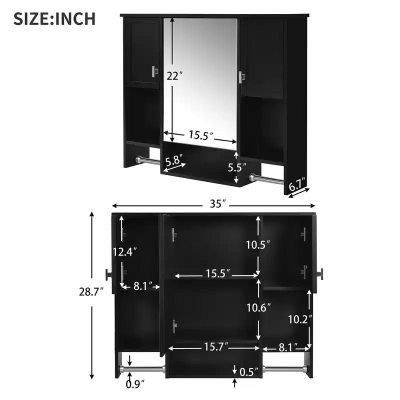 Meuble haut de salle de bain mural de 72,9 cm avec rangement dissimulé, 6 étagères ouvertes, Noir
