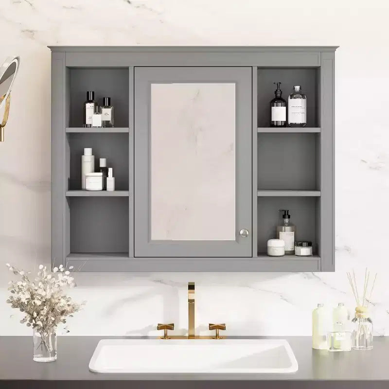 Armoire à pharmacie de 27,5 po, armoire de rangement murale avec miroir pour salle de bain, 6 étagères ouvertes, gris