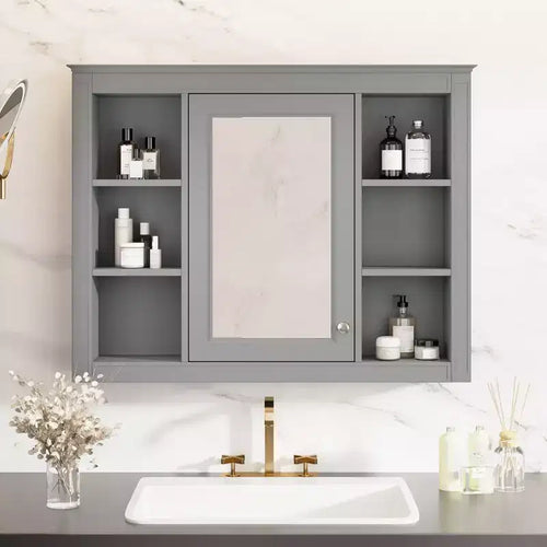 Armoire à pharmacie de 27,5 po, armoire de rangement murale avec miroir pour salle de bain, 6 étagères ouvertes, gris