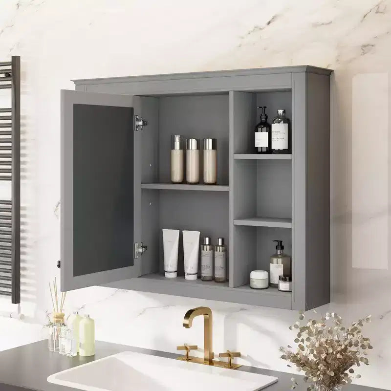 Armoire à pharmacie de 27,5 po, armoire de rangement murale avec miroir pour salle de bain, 6 étagères ouvertes, gris