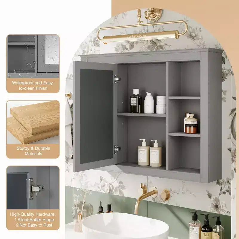 Armoire à pharmacie de 27,5 po, armoire de rangement murale avec miroir pour salle de bain, 6 étagères ouvertes, gris