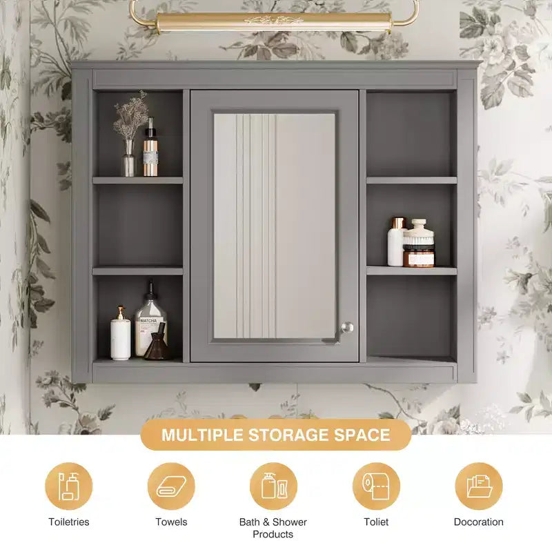 Armoire à pharmacie de 27,5 po, armoire de rangement murale avec miroir pour salle de bain, 6 étagères ouvertes, gris