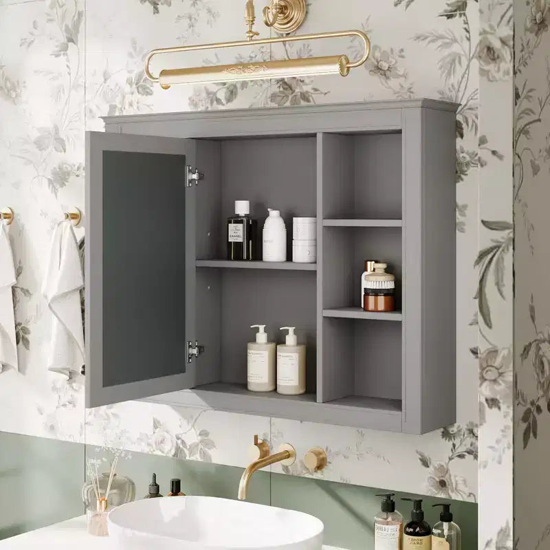 Armoire à pharmacie de 27,5 po, armoire de rangement murale avec miroir pour salle de bain, 6 étagères ouvertes, gris