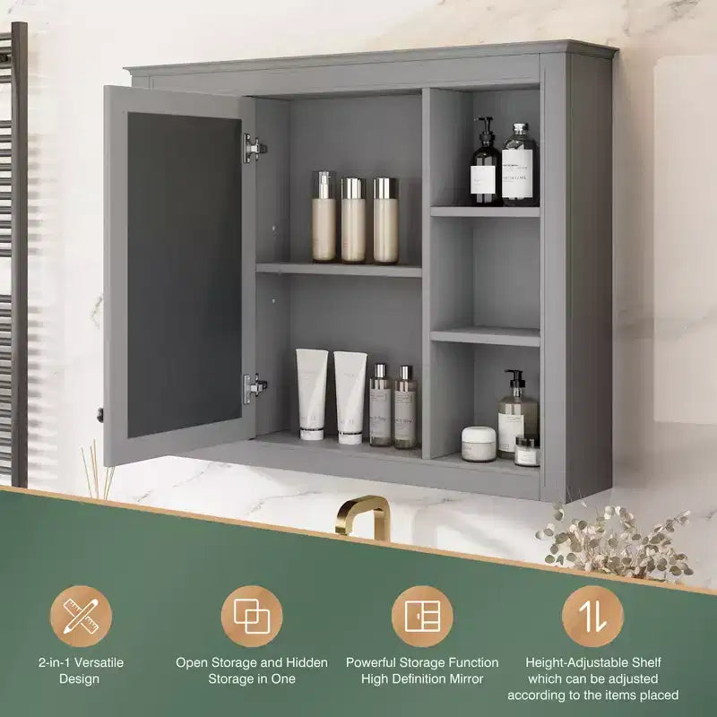 Armoire à pharmacie de 27,5 po, armoire de rangement murale avec miroir pour salle de bain, 6 étagères ouvertes, gris