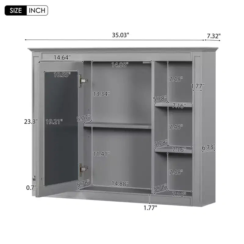 Armoire à pharmacie de 27,5 po, armoire de rangement murale avec miroir pour salle de bain, 6 étagères ouvertes, gris