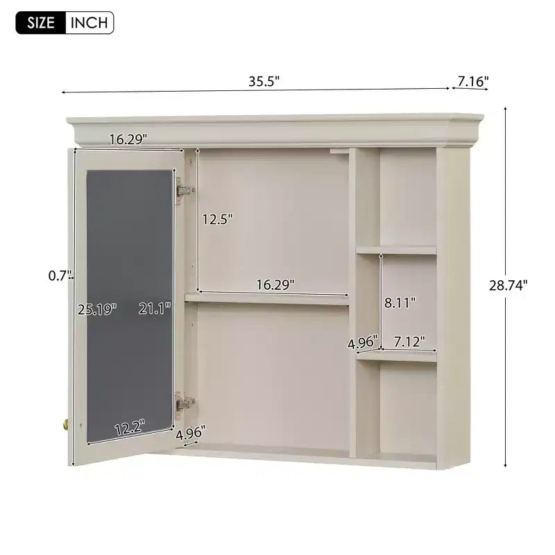 Meuble de rangement mural de salle de bain de 28,74 po avec porte miroir, 6 tablettes ouvertes, beige