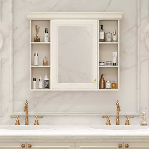 Meuble de rangement mural de salle de bain de 28,74 po avec porte miroir, 6 tablettes ouvertes, beige