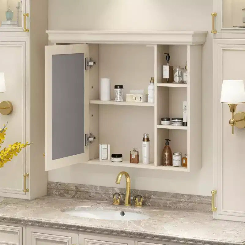 Meuble de rangement mural de salle de bain de 28,74 po avec porte miroir, 6 tablettes ouvertes, beige