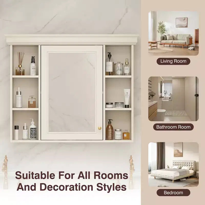 Meuble de rangement mural de salle de bain de 28,74 po avec porte miroir, 6 tablettes ouvertes, beige